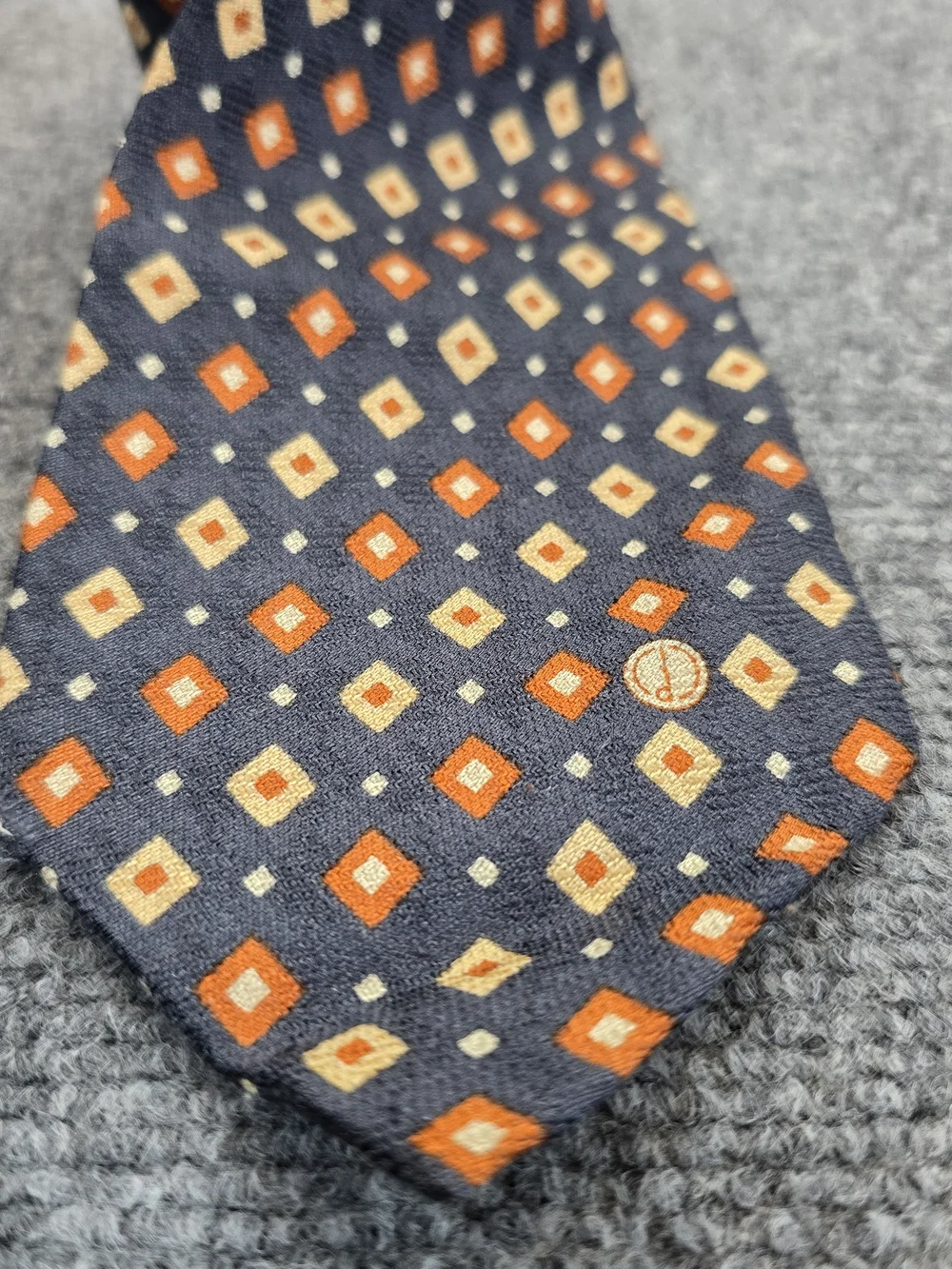 Dunhill Silk Tie Mens Navy Orange Geometric Diamond Pattern Necktie 3.75